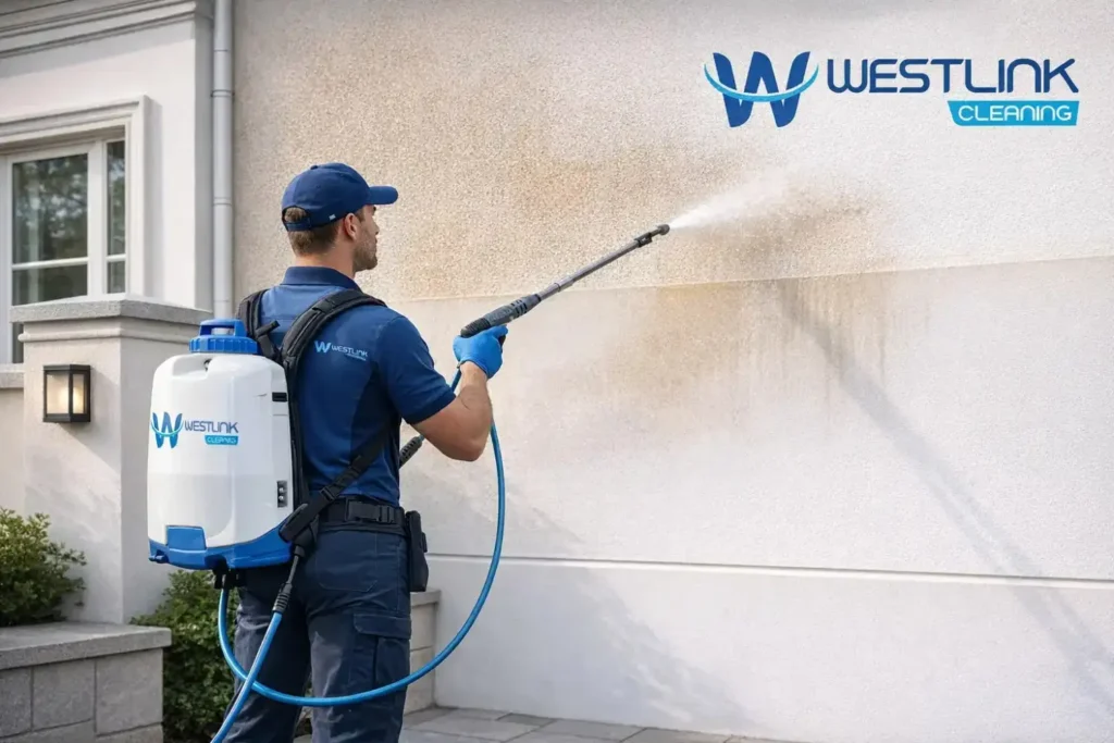 Professional cleaner soft washing a rendered and painted exterior wall in a realistic residential setting