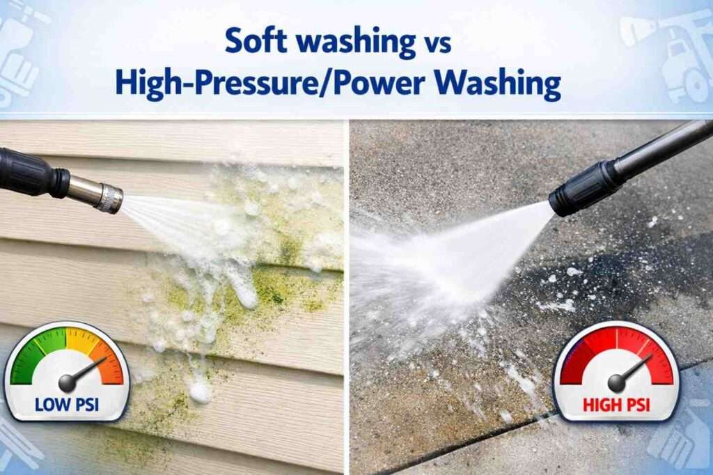 Thumbnail comparing soft washing and high-pressure methods with split visuals.