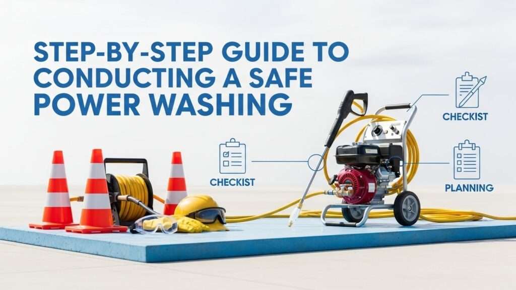 Professional blog thumbnail for step-by-step safe power washing guide, showing organized equipment, PPE, and safety markers on a job site.