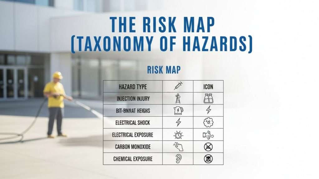 Risk map wheel with hazard icons for power washing, shown over a subtle background of a cleaner pressure washing outdoors.