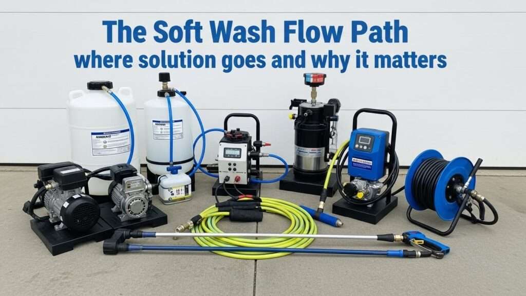 Professional soft wash skid system with tanks, pump, hose reel, proportioner, and applicators showing the complete flow path setup.