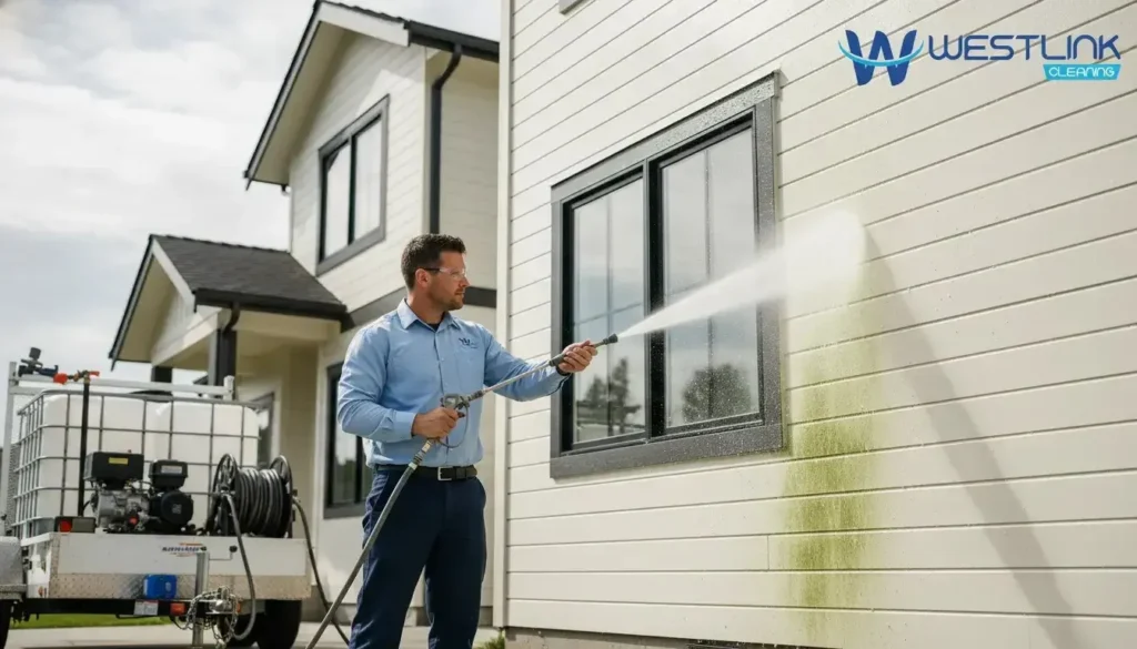 Professional technician soft washing a painted house exterior with low pressure