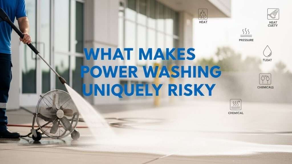 Professional cleaner using a hot-water power washer with light steam, showing why power washing adds extra safety risks.