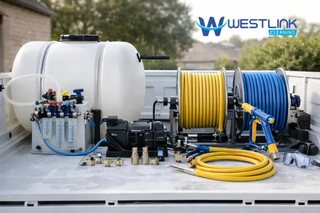 Organized soft wash equipment including tank, pump, hose reel, spray gun, nozzles, fittings, injector, and safety gear.