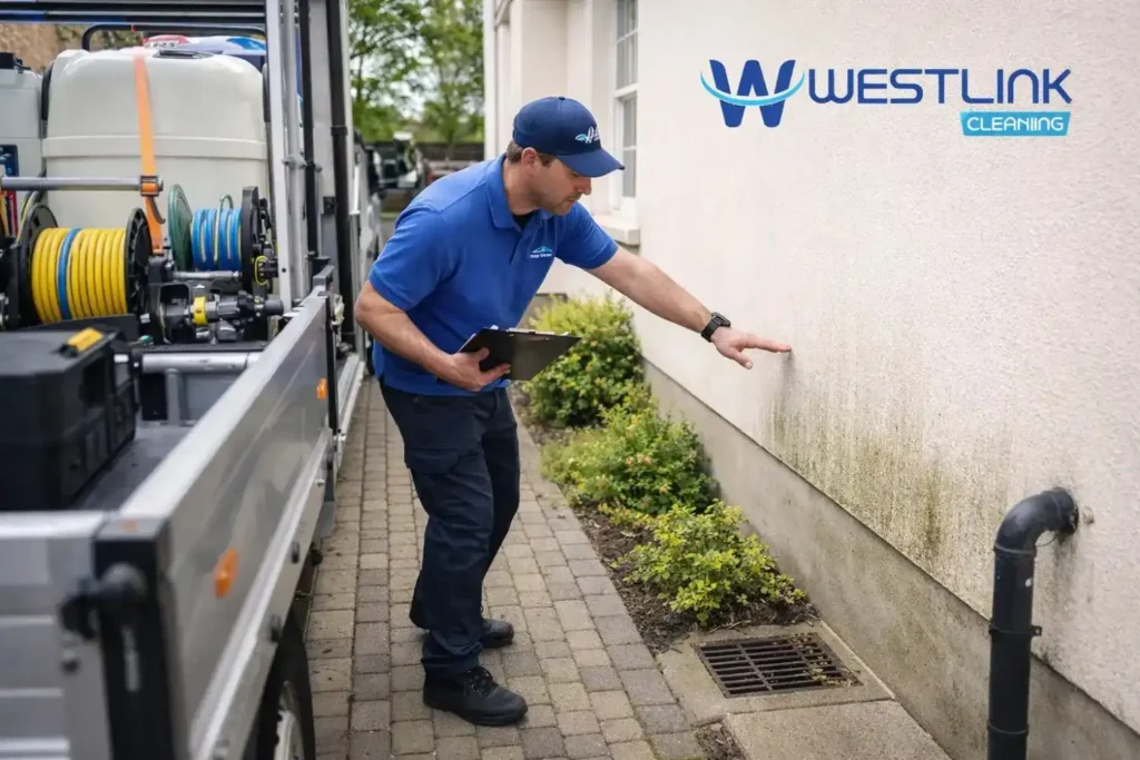 Soft wash technician inspecting surfaces, plants, drainage, and site conditions before unloading equipment and mixing solution.