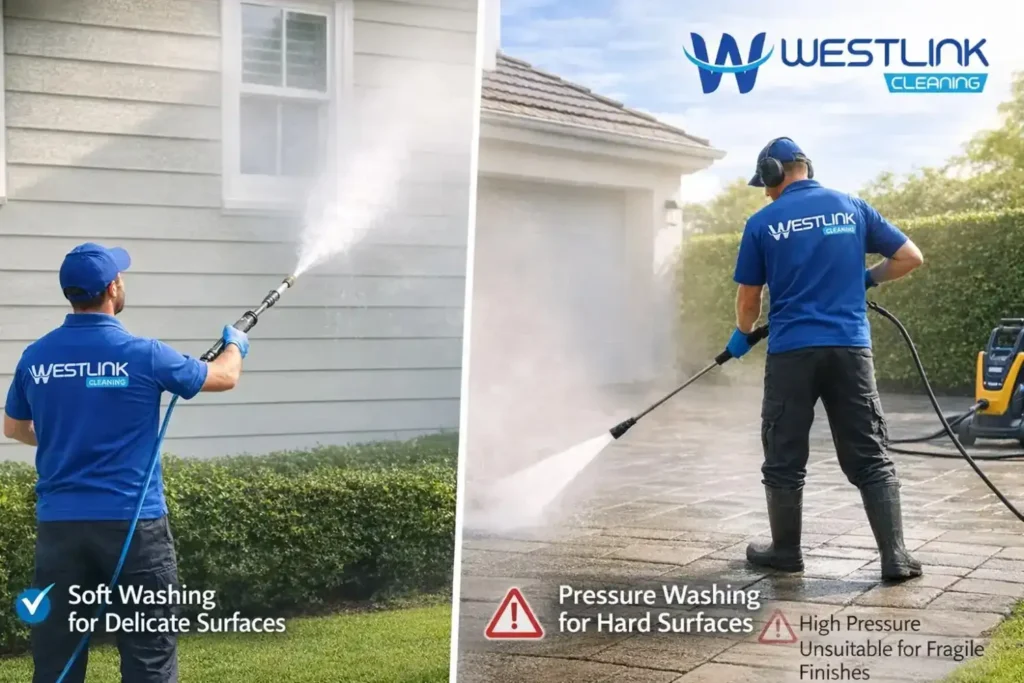Side-by-side comparison of soft washing a delicate exterior surface and pressure washing a harder concrete surface.
