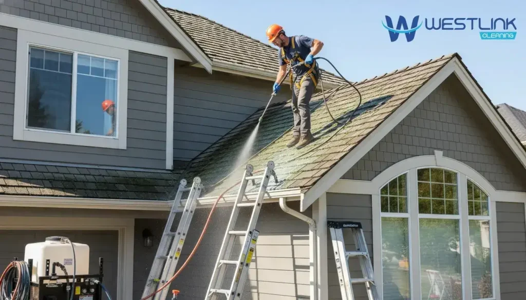 Professional technician safely handling soft washing on a roof or upper exterior wall