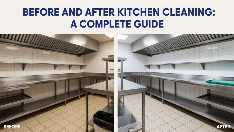 Split view of a commercial kitchen showing before and after deep cleaning with brighter stainless surfaces and cleaner tile floors.