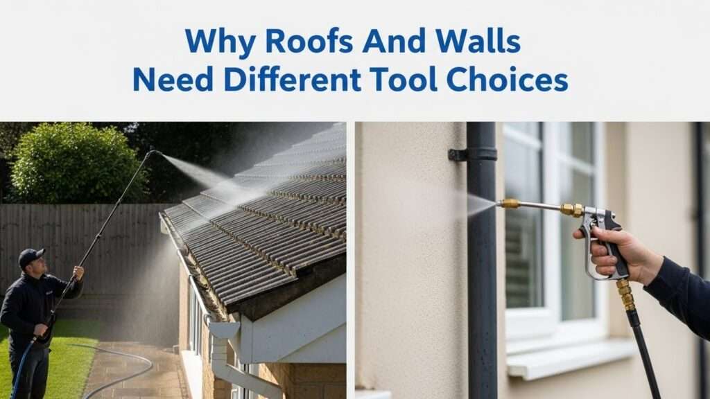 Split-view photo showing soft washing a roof from the ground with a telescopic pole and soft washing a wall up close with a trigger wand, highlighting reach versus precision.