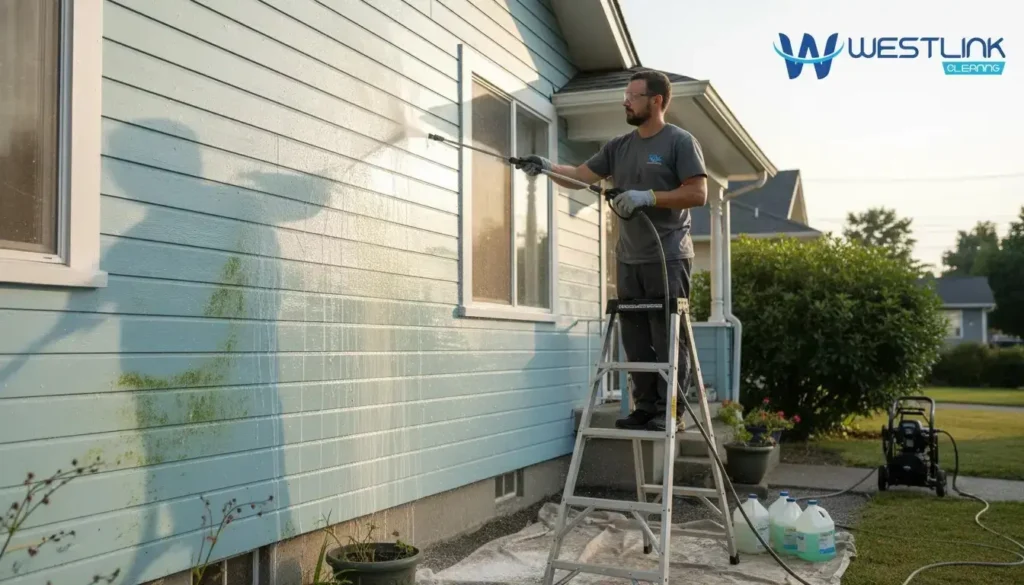 Painted exterior wall being gently soft washed to preserve the finish