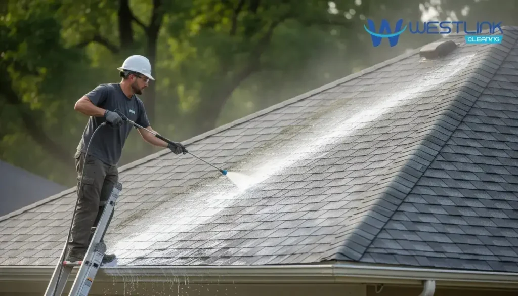 Technician soft washing a residential roof to remove algae and surface buildup