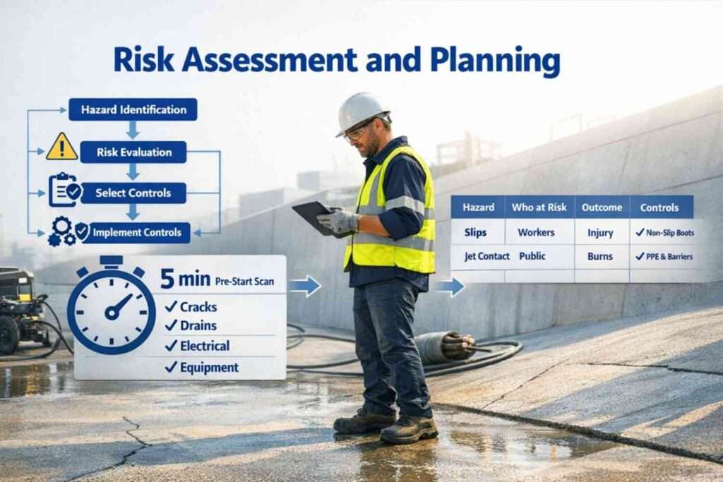 Flowchart, timer scan, and reusable table for power washing risk assessment on a site inspection scene.