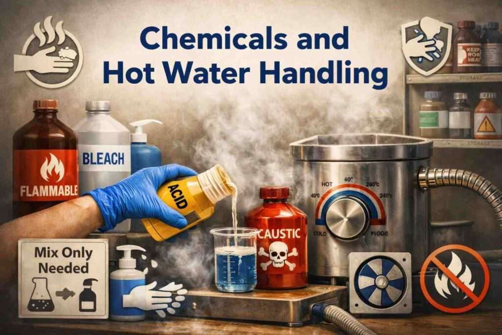 Chemical mixing, storage, and hot water controls with hazard icons in power washing.