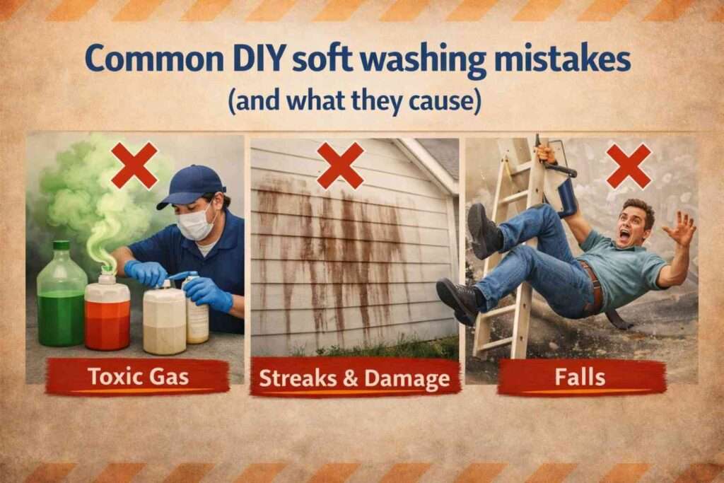 Thumbnail highlighting frequent DIY soft washing errors and their consequences