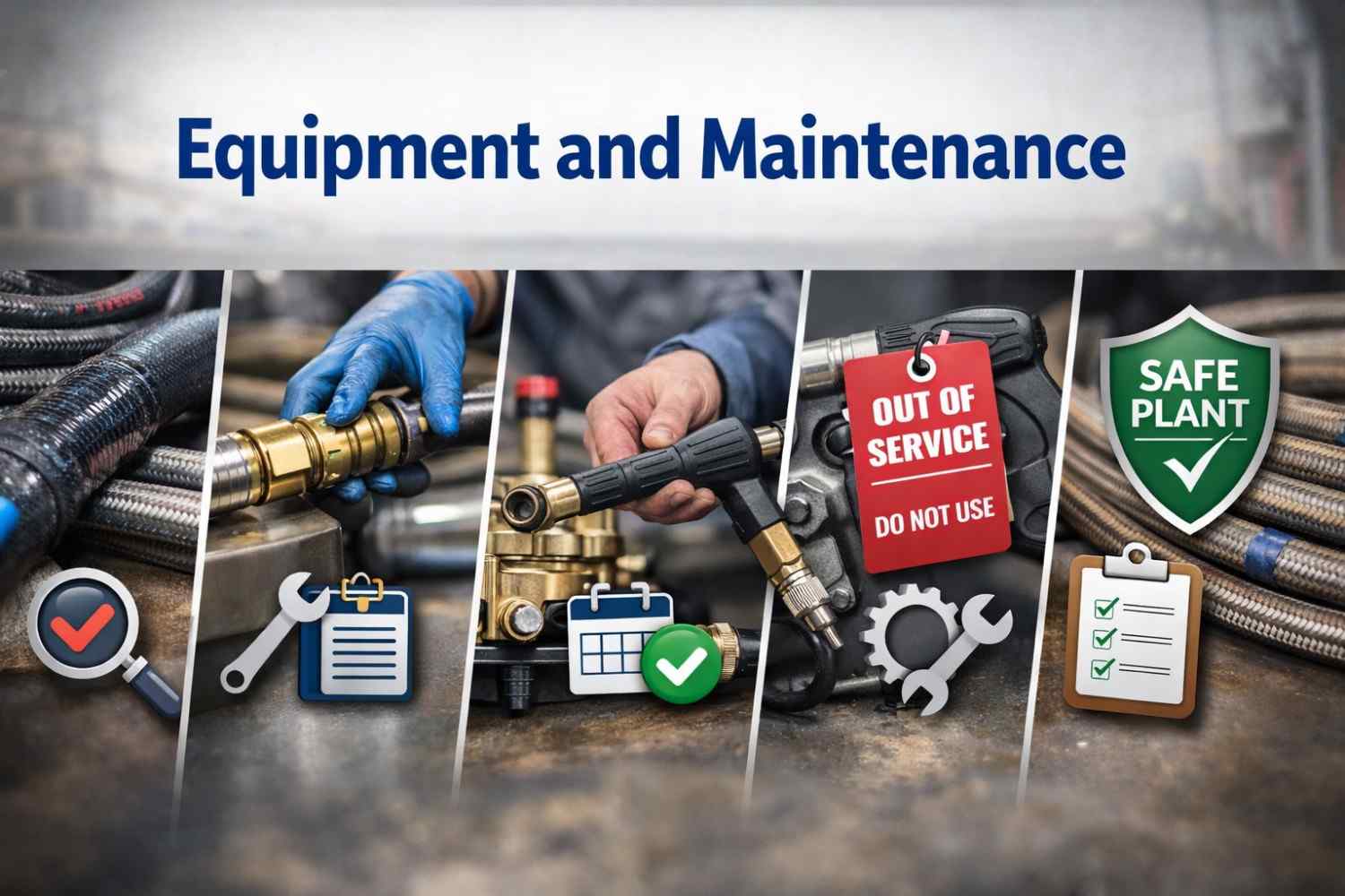 Equipment inspection, pre-checks, and defect tagging for power washing maintenance.