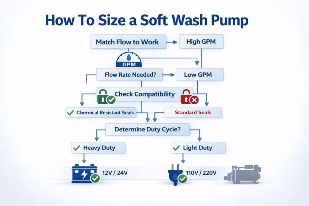 Guide to sizing soft wash pumps by flow, compatibility, and duty cycle.