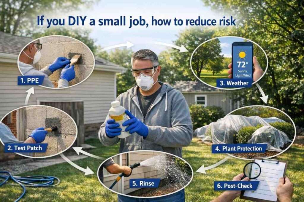 thumbnail showing step-by-step risk reduction for small DIY soft washing, covering PPE, test patch, weather, plant protection, rinse, and post-check for quick safety insights.