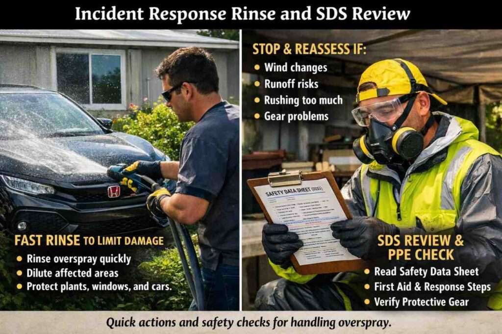 Immediate overspray rinse and SDS/PPE reassessment in soft washing incident response.