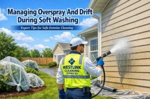 Professional thumbnail image for a comprehensive guide on managing overspray, drift, and runoff in soft washing, featuring controlled spraying on a house with protected surroundings.