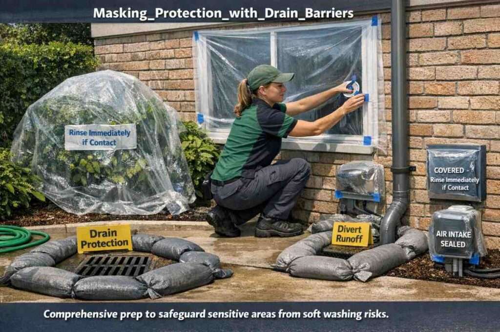 Masking and protection setup for plants, windows, drains, and electrics in soft washing.