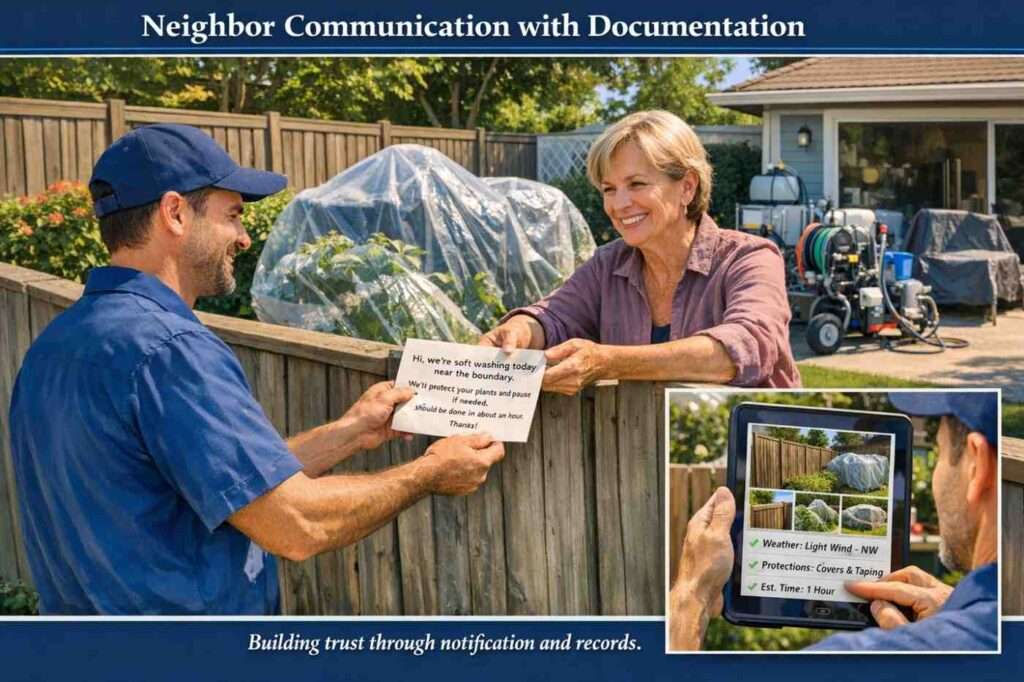 Neighbor communication and boundary documentation for soft washing jobs.
