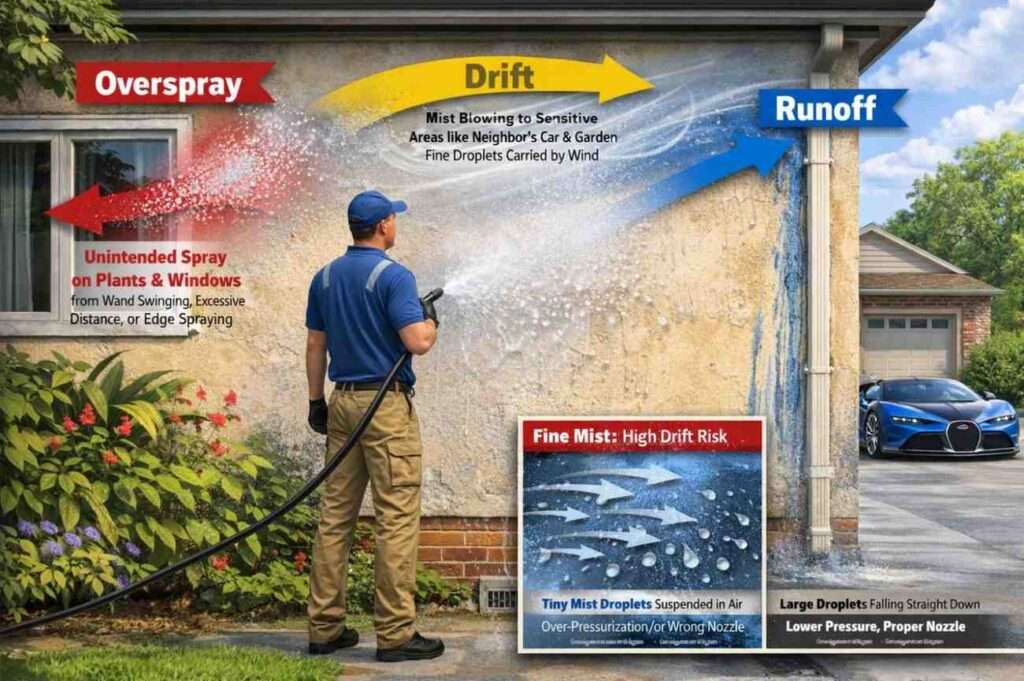 Comprehensive infographic explaining overspray, drift, runoff, and droplet size impacts in soft washing, with visual contrasts for drift causes.