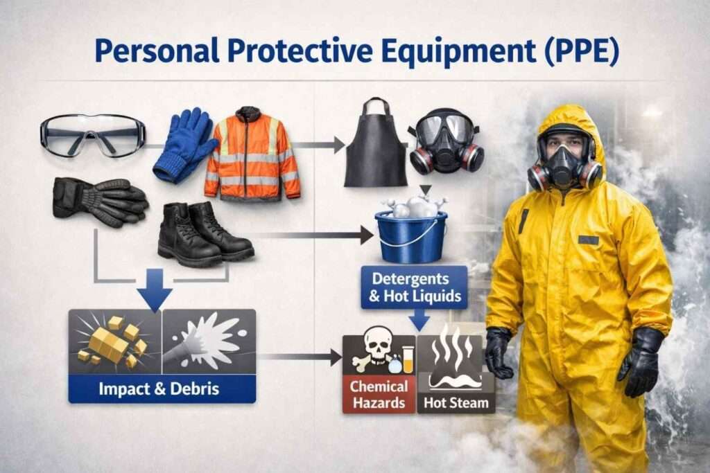 PPE selection from basic to upgraded, matched to power washing hazards.