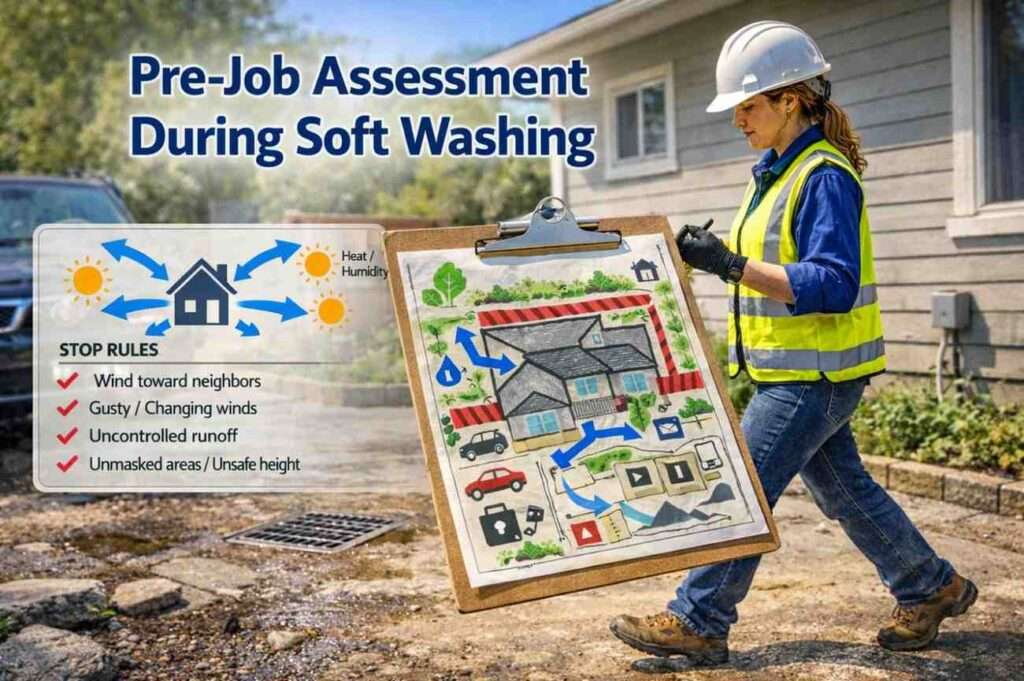 Professional pre-job site assessment with mapping of sensitive areas, weather evaluation, and stop rules for soft washing.