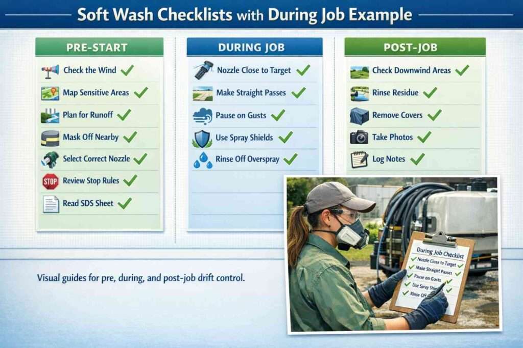 Soft washing checklists infographic with on-job usage example.