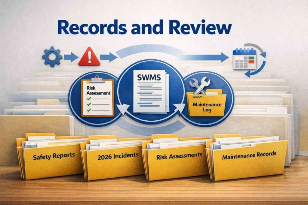 Organized files with key record icons, review cycles, and trigger timelines for power washing WHS compliance.