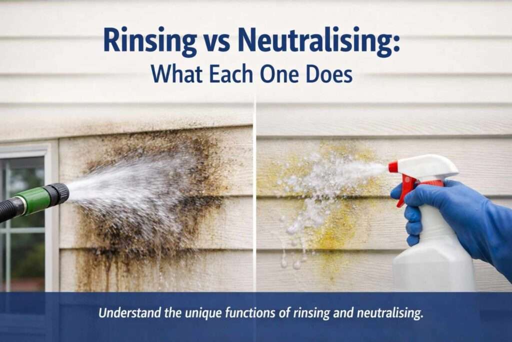 Comparative thumbnail distinguishing rinsing from neutralising in soft washing processes using realistic views