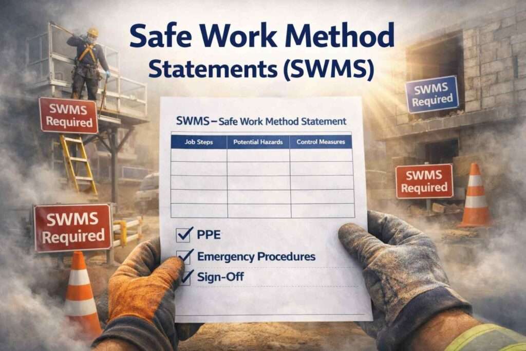 SWMS document with scenarios, triggers, and components for power washing high-risk work.