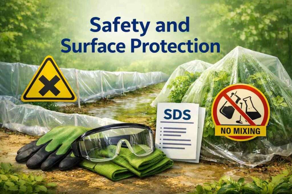Safety measures for soft washing, including PPE and runoff control.