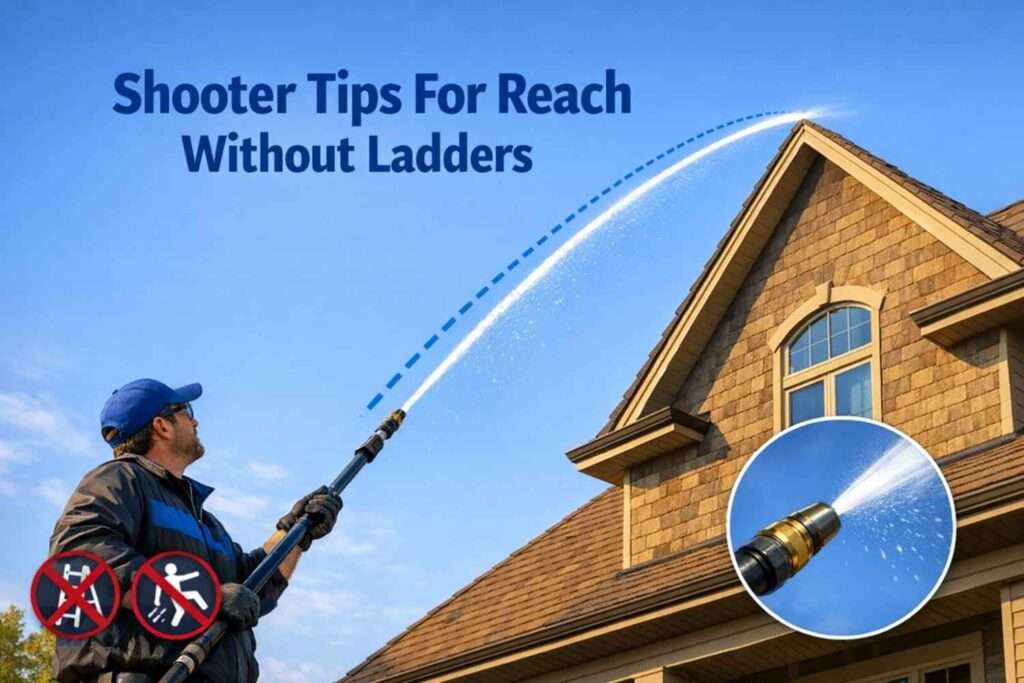 Shooter tips for extended reach in soft washing without ladders.