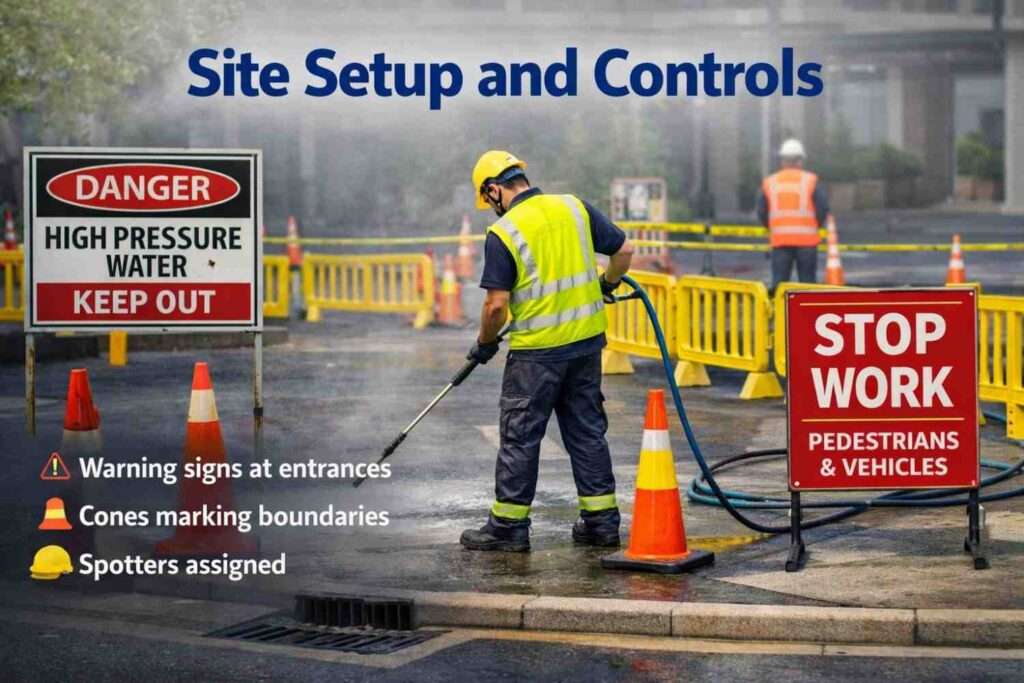 Secured power washing site with eye-level signs, barriers, exclusion checklists, hose routing, and traffic controls for comprehensive safety.