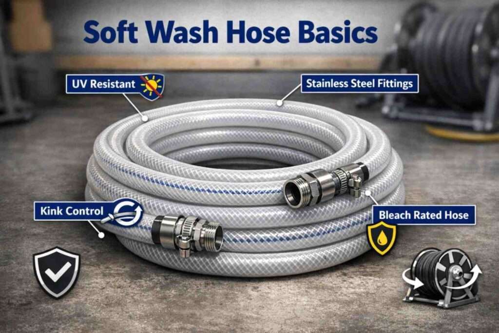 Basics of bleach-rated hoses for soft washing, including reels and fittings.