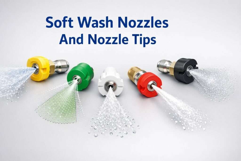 Overview of soft wash nozzles controlling spray angle and droplet size.