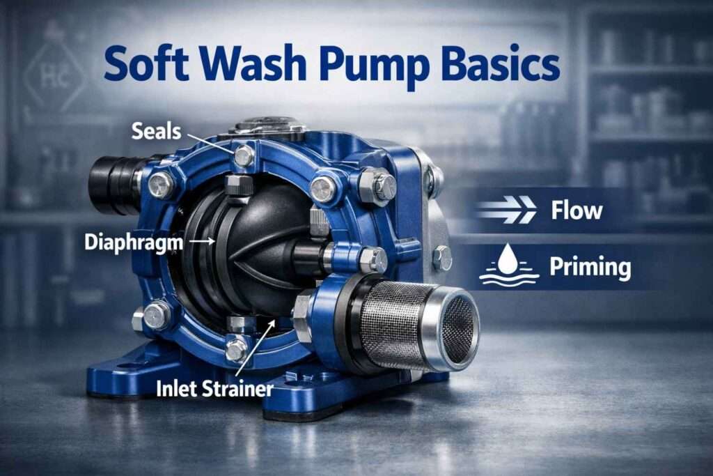 Close-up of a soft wash pump highlighting basics like flow, priming, and chemical compatibility.