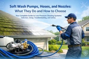 Dynamic hero image of soft washing in action with pumps, hoses, and nozzles, illustrating a guide to low-pressure cleaning equipment.