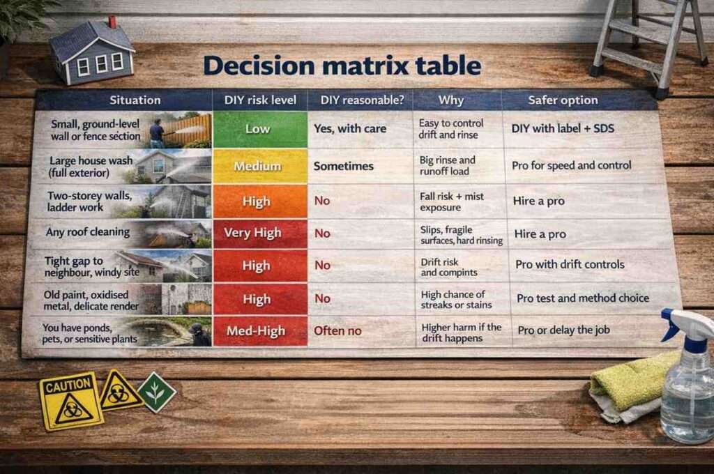 thumbnail photo composite of a decision matrix table evaluating various DIY soft washing scenarios by risk level, reasonableness, reasons, and safer options for quick understanding.