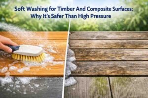Professional thumbnail image illustrating the safe, low-pressure soft washing techniques for timber and composite surfaces, contrasting with high-pressure risks in a humid Australian setting.