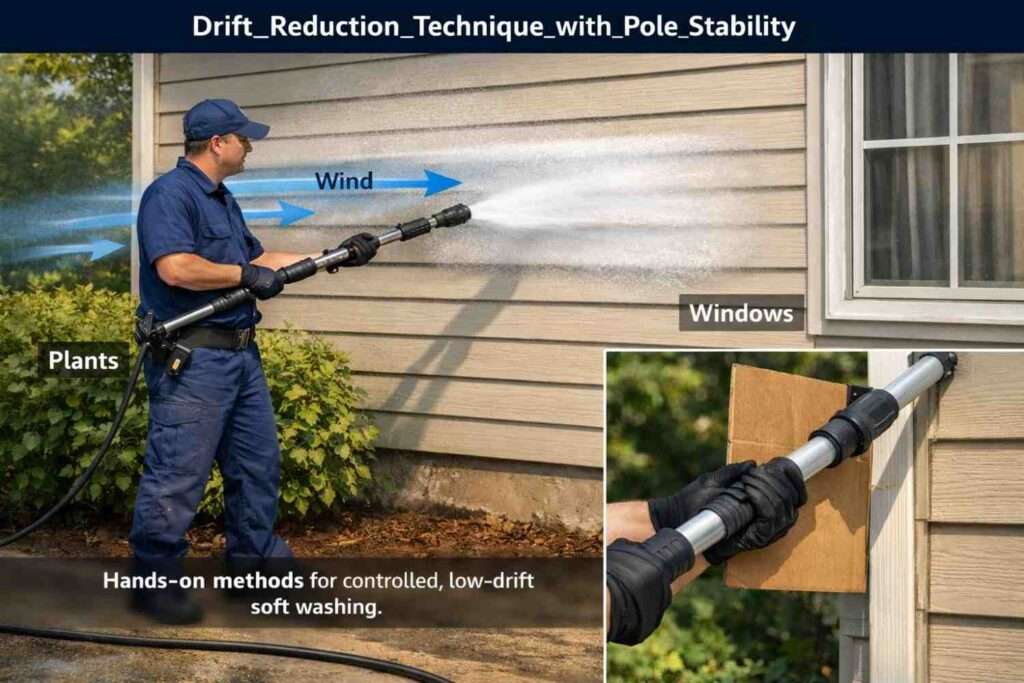 Proper drift-reducing spraying technique with close nozzle passes, wind awareness, and stable telescopic pole shielding.