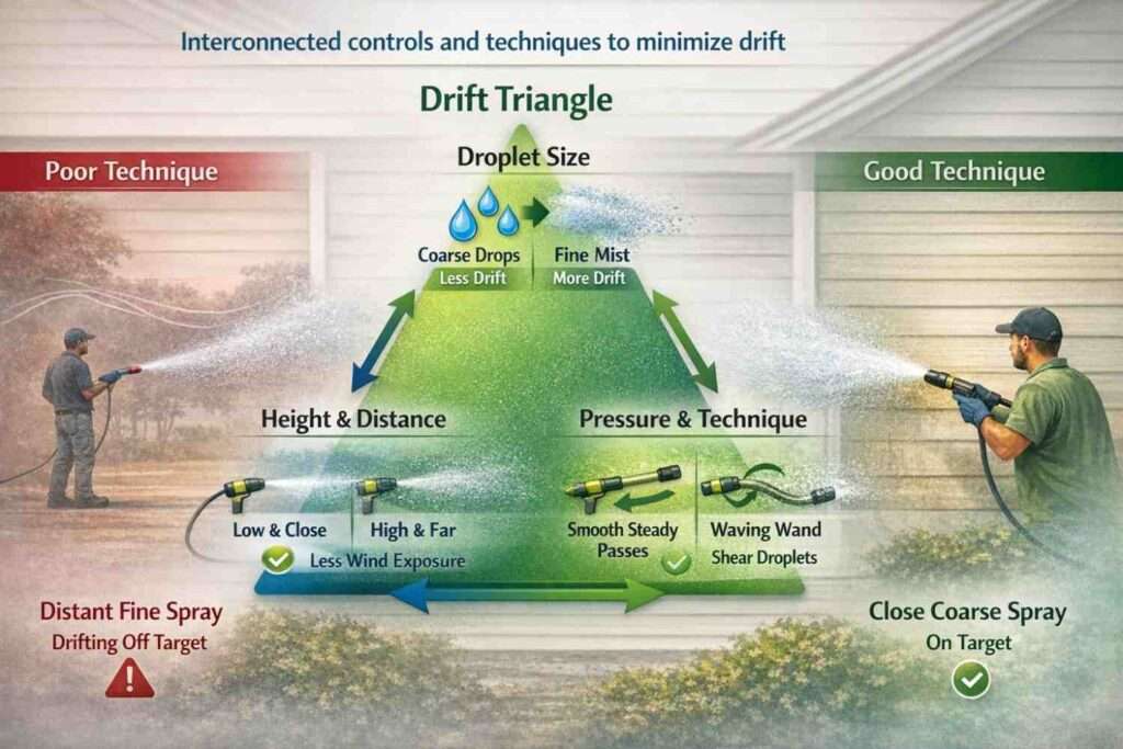 Drift triangle diagram with poor vs. good technique comparison for soft washing control.