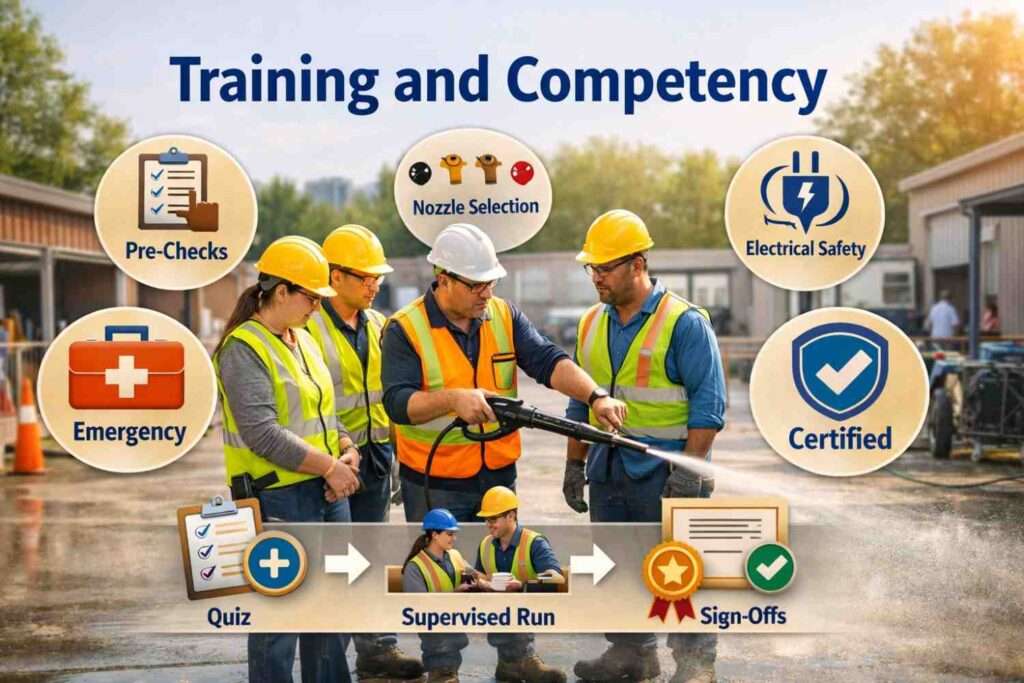 Supervisor training group with topic icons and verification steps for power washing competency.