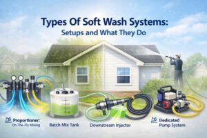 Dynamic hero image montage of soft wash systems transforming a house exterior, with educational icons and clean design.