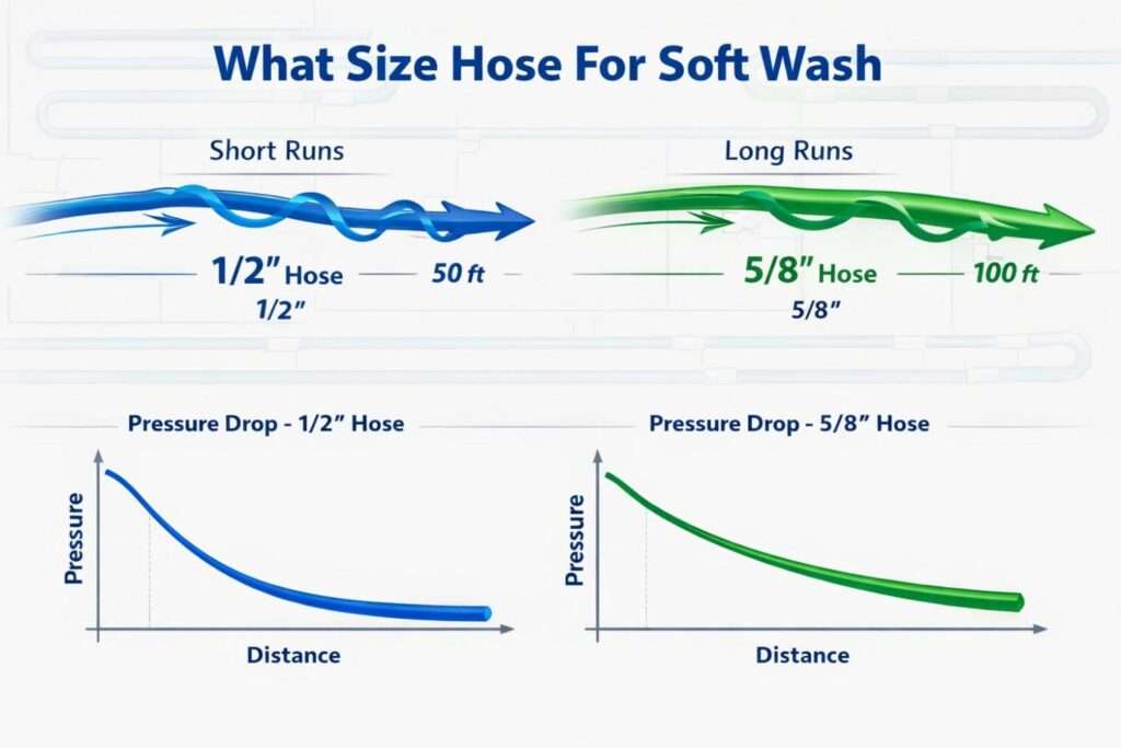Comparison of hose sizes for soft washing based on flow and distance.