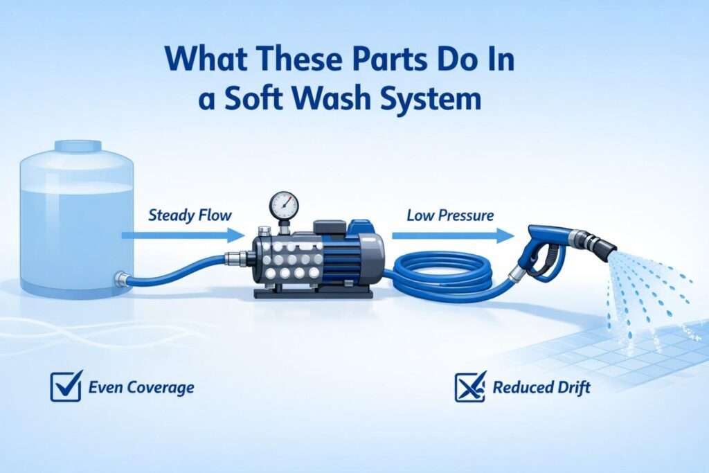 Illustration of soft wash system components including pump, hose, and nozzle in a chain for controlled cleaning spray.