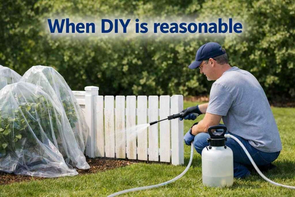 Thumbnail depicting a safe, small-scale DIY soft washing scenario on ground level.