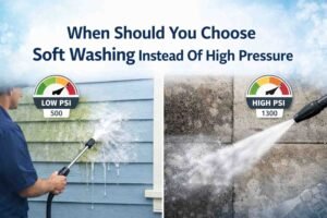 Hero image contrasting soft washing and high-pressure methods on house and concrete surfaces.