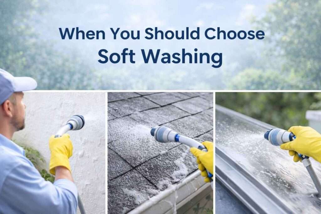 Thumbnail showing scenarios for opting for soft washing on delicate surfaces.